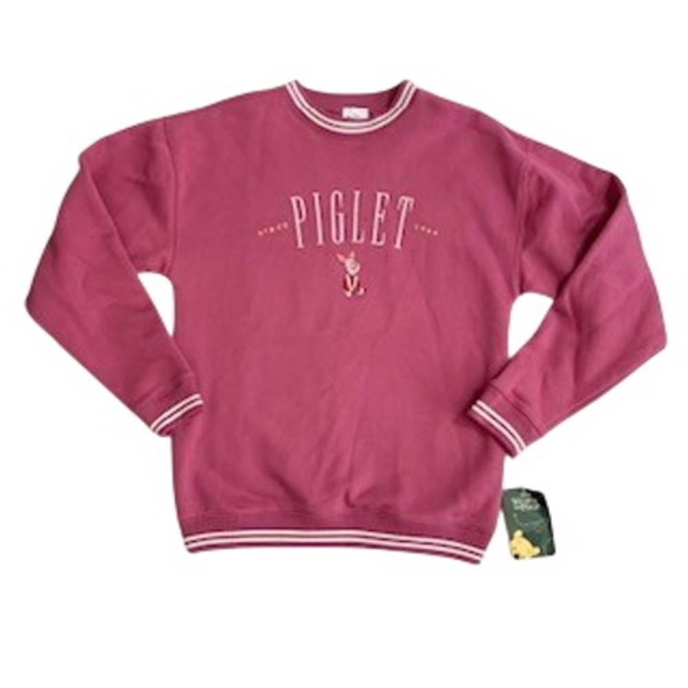 Disney Winnie the Pooh Piglet Sweatshirt Pink Embroidered Ringer Pullover S NWT